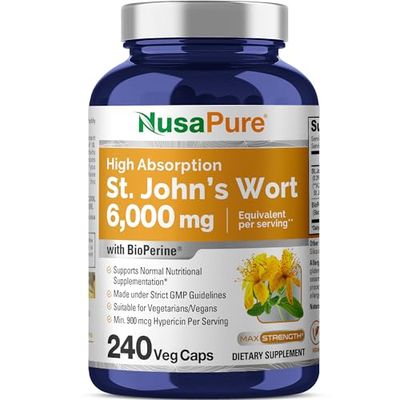 NusaPure St. John&#39;s Wort 6,000mg 240 Veggie Capsules (Vegetarian, Non-GMO) Bioperine