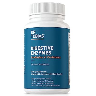 Dr. Tobias Digestive Enzymes with Probiotics, Prebiotics and Postbiotics Bromelain, Amylase, Lipase, for Better Digestion &amp; Immune Function, 60 Capsules, 30 Servings (2 Daily)