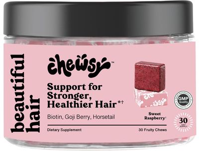 Chewsy Beautiful Hair Chews, Promotes Stronger, Healthier Hair, Biotin, Vitamins C, A, B12, D3, Goji Berry for All Hair Types Individually Wrapped Hair Vitamin Fruity Chews, 30-Day Supply