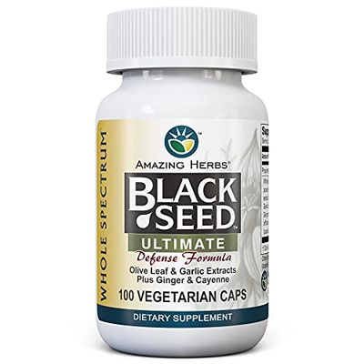 Amazing Herbs Whole Spectrum Black Seed Ultimate, Vegetarian Capsules - Olive Leaf &amp; Garlic Extracts Plus Ginger &amp; Cayenne, Gluten Free, Non GMO, Vegan - 100 Count