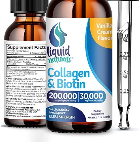 Liquid Collagen and Biotin, 2 Fl. Oz, Ultra-Strength Collagen Supplements for Women, Keto Friendly Biotin for Hair Growth Women, Hair, Nails, and Skin Vitamins B7 Collagen Peptides - Vanilla Flavor