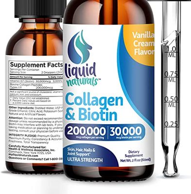 Liquid Collagen and Biotin, 2 Fl. Oz, Ultra-Strength Collagen Supplements for Women, Keto Friendly Biotin for Hair Growth Women, Hair, Nails, and Skin Vitamins B7 Collagen Peptides - Vanilla Flavor