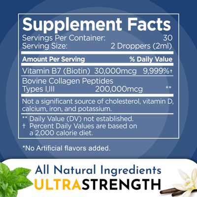 Liquid Collagen and Biotin, 2 Fl. Oz, Ultra-Strength Collagen Supplements for Women, Keto Friendly Biotin for Hair Growth Women, Hair, Nails, and Skin Vitamins B7 Collagen Peptides - Vanilla Flavor