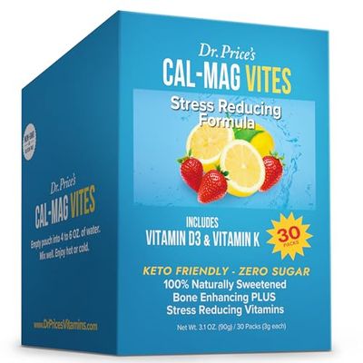 Dr. Price&#39;s Vitamins Cal-Mag Vites - Calcium Magnesium Powder for Men and Women | 30 Packets | Vitamin K, D, Mineral Supplement | Natural Calming Stress Relief Drink | No Sugar - Strawberry-Lemon