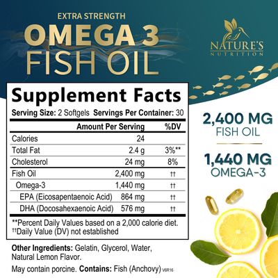 Triple Strength Omega 3 Fish Oil 2400 mg Softgels, Nature's Fish Oil Supplements, Brain &amp; Heart Health Support - EPA &amp; DHA, 1200 MG Fish Oil in Each Softgel, Omega-3 Supplement - 60 Fish Oil Softgels