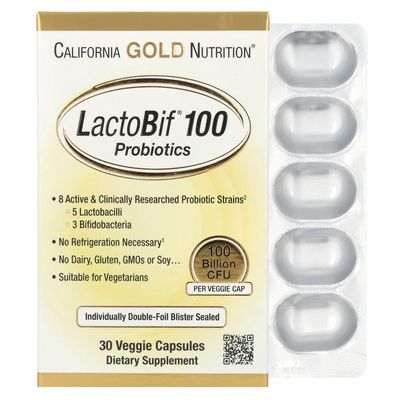 LactoBif Probiotics, 100 Bllion CFU, 8 Active &amp; Clinically Researched Probiotic Strains, Soy-Free, Sugar-Free, Vegetarian, Individually Double-foil Blister Sealed, 30 Veggie Capsules