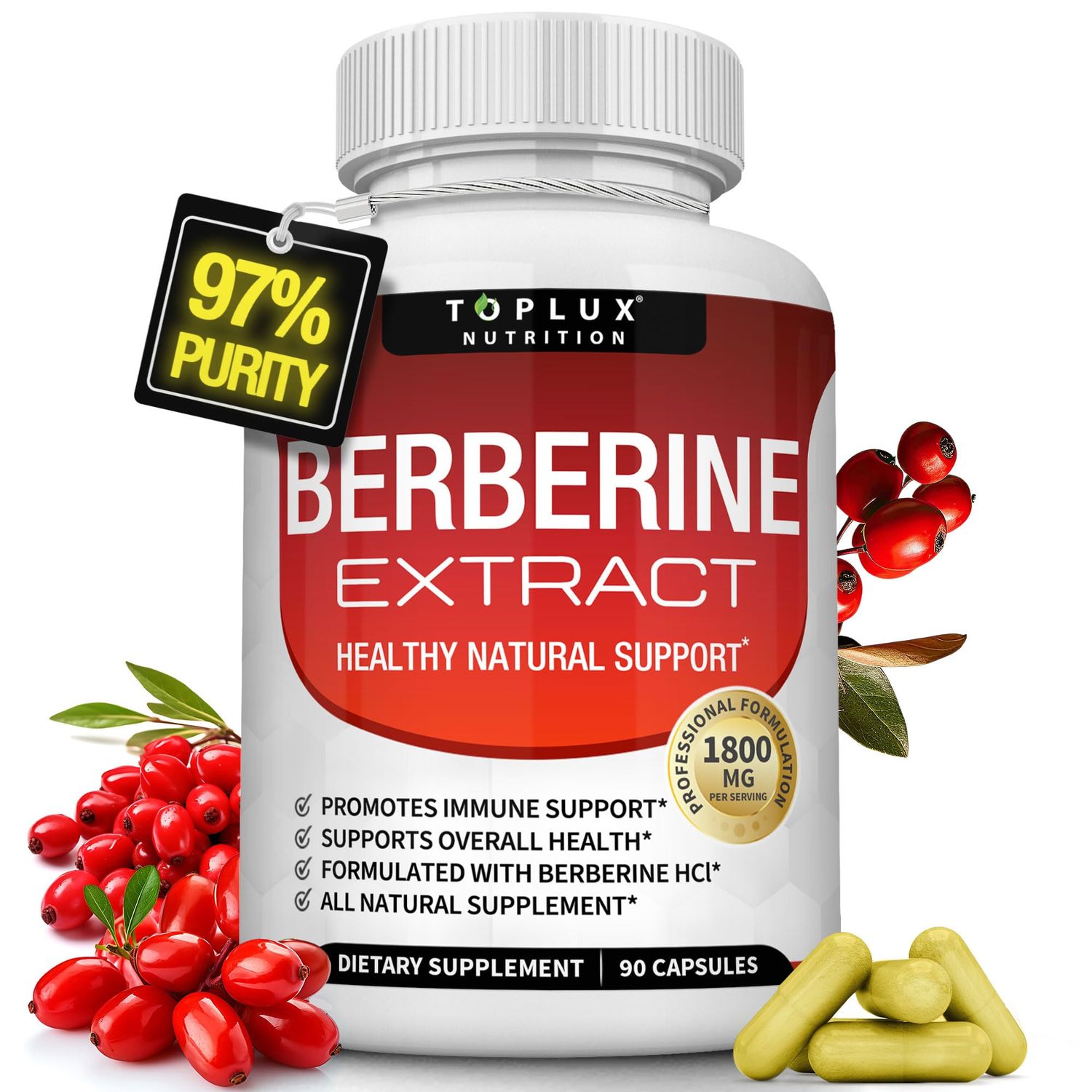 Toplux Berberine Supplement 1800mg Berberine HCl - Premium Berberine Extract to Support Overall Health, Ultra High Potency Berberine Plus for Men Women, 90 Capsules