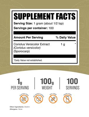 BulkSupplements.com Turkey Tail Mushroom Extract Powder - Coriolus Versicolor Extract, Turkey Tail Mushroom Powder - Vegan &amp; Gluten Free, 1000mg per Serving. 100g (3.5 oz) (Pack of 1)