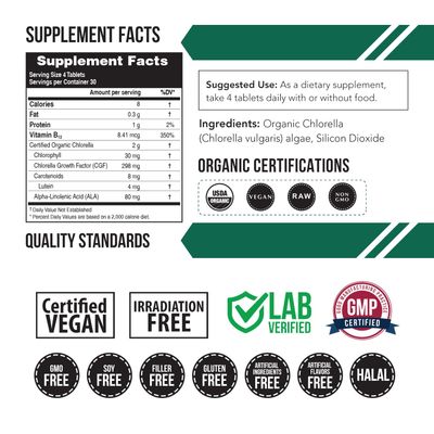 Organic Chlorella: 3 Organic Certifications - Broken Cell Wall Form, Blue Green Algae - Raw, Sun-Grown, Non-Irradiated, Maximum Nutrient & CGF (Chlorella Growth Factor) Levels - (120 Tablets)