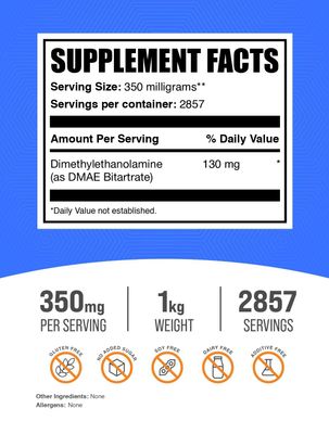 BulkSupplements.com DMAE Bitartrate Powder - Dimethylaminoethanol Bitartrate, DMAE Supplement - DMAE Powder, Gluten Free, 350mg per Serving, 1kg (2.2 lbs) (Pack of 1)