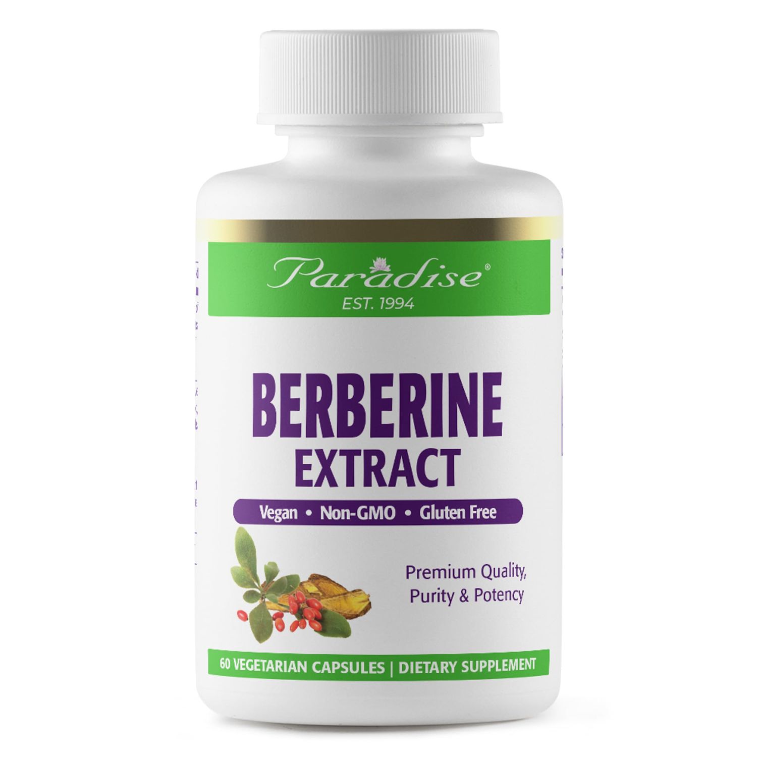 Paradise Herbs, Berberine Extract, 500 mg, Pure &amp; Potent Berberine Supplement, Vegan, Non GMO, Gluten Free, 60