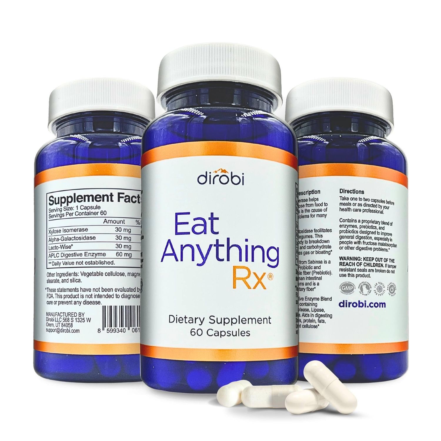 Dirobi Eat Anything Xylose Isomerase Fructose Malabsorption Enzymes, FODMAP Supplement, Digestive Enzymes for Better Lactose, Fat, Protein &amp; Carbohydrate Digestion Gas &amp; Bloating Relief 60 Capsules