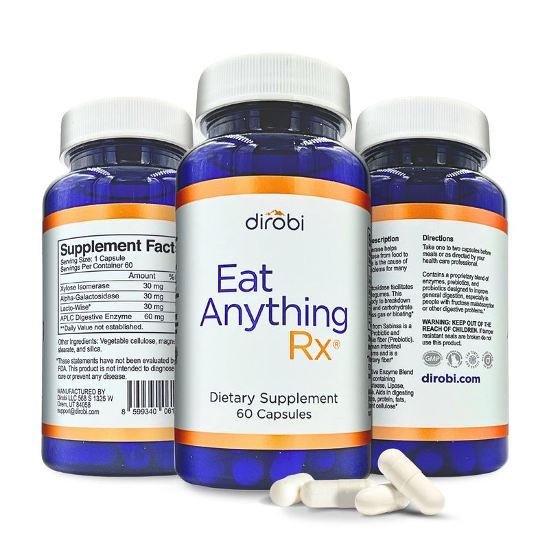 Dirobi Eat Anything Xylose Isomerase Fructose Malabsorption Enzymes, FODMAP Supplement, Digestive Enzymes for Better Lactose, Fat, Protein &amp; Carbohydrate Digestion Gas &amp; Bloating Relief 60 Capsules
