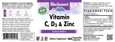 Bluebonnet Nutrition Vitamin C, D3 & Zinc, for Immune Health and Respiratory Function*, Soy-Free, Gluten-Free, Non-GMO, Kosher Certified, Dairy-Free, 100 Vegetable Capsules, 100 Servings