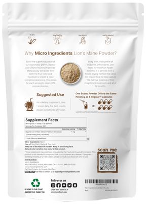 Micro Ingredients Organic Lions Mane Mushroom Supplement Powder, 16 Ounce | Natural Superfood for Brain, Energy, & Immune Health | Non-GMO Vegan