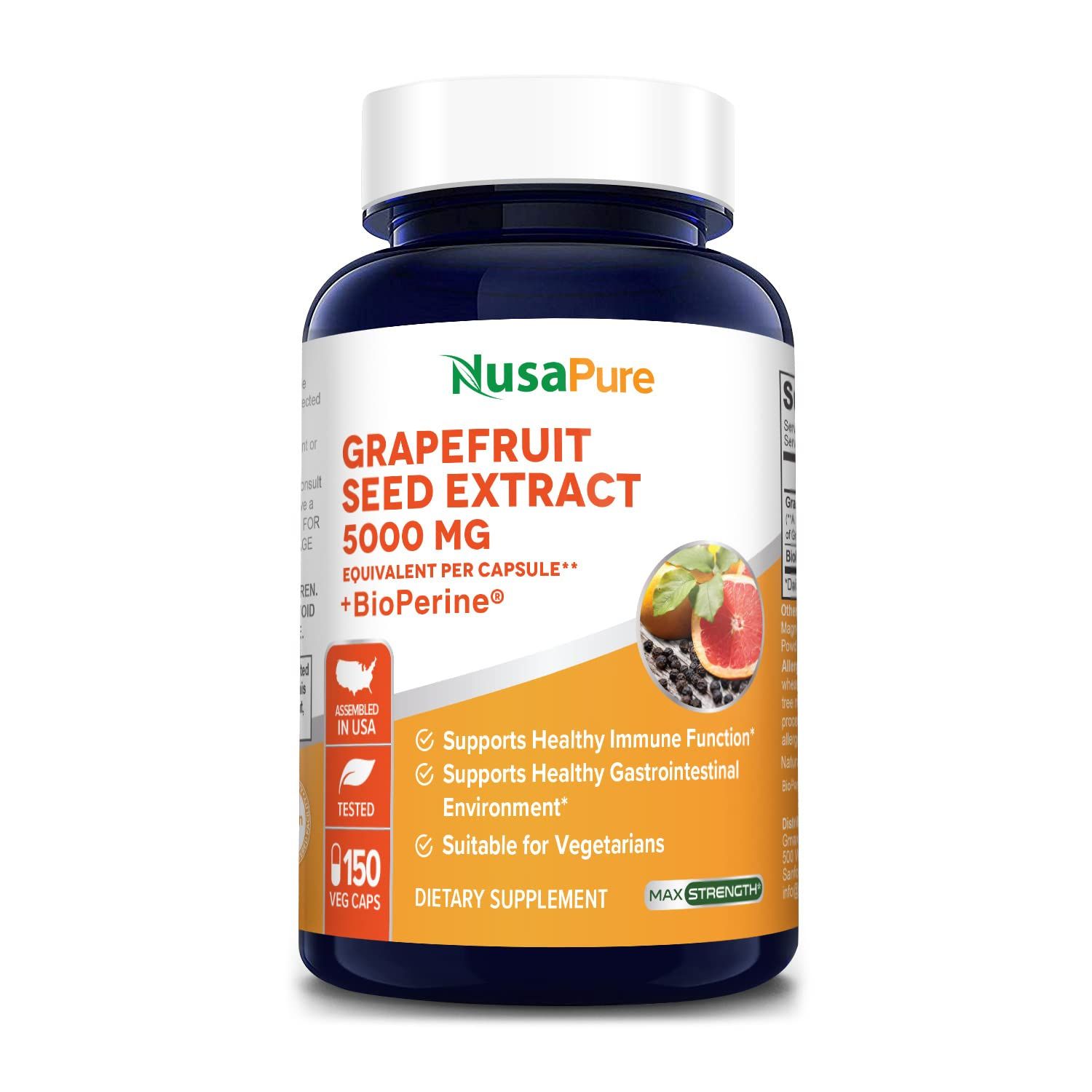 NusaPure Grapefruit Extract 5,000 mg per Capsule (Extract 10:1) Bioperine 150 Veggie caps (Vegan, Gluten Free, Non-GMO)