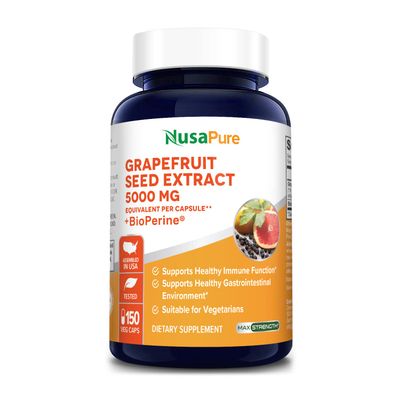 NusaPure Grapefruit Extract 5,000 mg per Capsule (Extract 10:1) Bioperine 150 Veggie caps (Vegan, Gluten Free, Non-GMO)