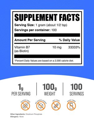 BulkSupplements.com Biotin 10000mcg Powder - Biotin Powder, Biotin Vitamins for Hair, Skin and Nails - as Vitamin B7, Gluten Free, 1000mg per Serving (10mg Biotin), 100g (3.5 oz) (Pack of 1)
