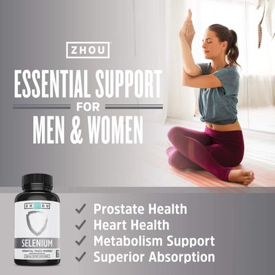 Zhou Selenium 200mcg | for Thyroid, Prostate and Heart Health | Essential Trace Mineral with Superior Absorption | No Yeast | 100 Veg Caps