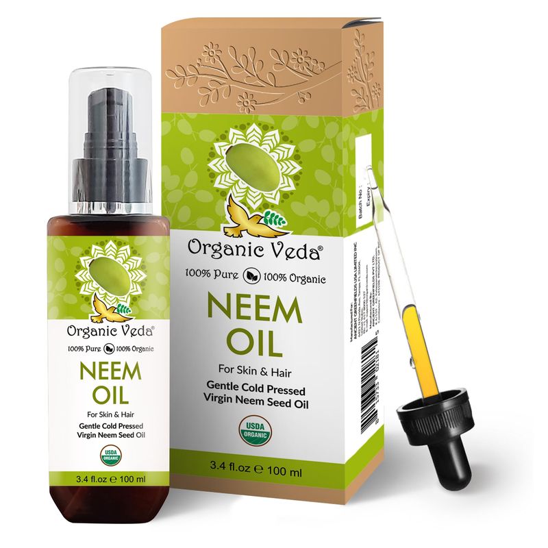 Organic Veda Neem Oil - Pure, Cold Pressed &amp; Organic Neem Oil for Skin, Hair, Face, Body, Scalp - Natural Moisturizer, Virgin Neem seed oil - Rich in Vitamin E, Fatty Acids, Antioxidants - 3.4 fl oz