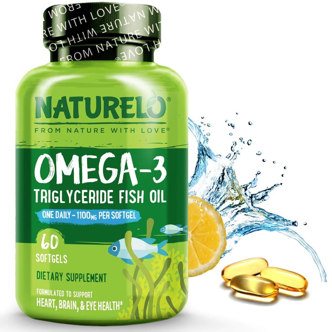 NATURELO Burpless Omega 3 Fish Oil Supplement - 1100mg Triglyceride Omega-3, EPA + DHA, Liquid Fish Oil Omega 3 for Heart, Eye, Brain, Joint Health - 60 Softgels, 2 Months Supply