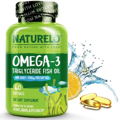NATURELO Burpless Omega 3 Fish Oil Supplement - 1100mg Triglyceride Omega-3, EPA + DHA, Liquid Fish Oil Omega 3 for Heart, Eye, Brain, Joint Health - 60 Softgels, 2 Months Supply