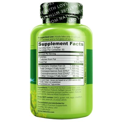 NATURELO Burpless Omega 3 Fish Oil Supplement - 1100mg Triglyceride Omega-3, EPA + DHA, Liquid Fish Oil Omega 3 for Heart, Eye, Brain, Joint Health - 60 Softgels, 2 Months Supply