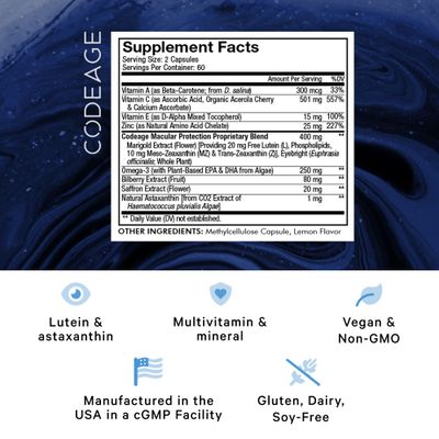 Codeage Eyes Vitamins - AREDS 2 Based Formula Supplement - 2-Month Supply - Vitamins A, C, E, Zinc, Lutein, Astaxanthin, Zeaxanthin, Eyebright, Marigold, Bilberry, Saffron, Omega-3-120 Capsules