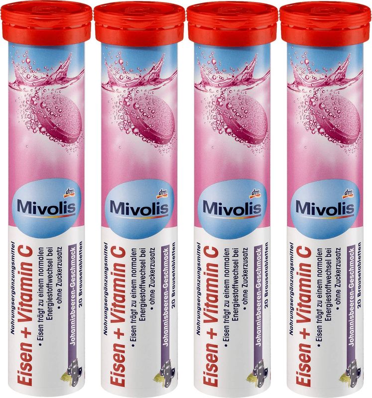 Mivolis Iron + Vitamin C effervescent Tablets - Dietary Supplements 4 Packs x 20 pcs | Germany