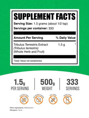 BulkSupplements.com Tribulus Terrestris Extract Powder - Tribulus Terrestris Supplements, Tribulus Terrestris Powder - Herbal Supplement, 1500mg per Serving, 500g (1.1 lbs) (Pack of 1)