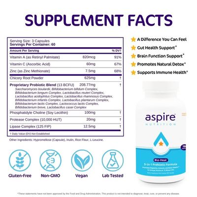 Aspire Nutrition 5-in-1 Bio-Heal Probiotic for Kids, Men & Women - Best Supplement for Brain Function, Gut Health & Constipation - Shelf Stable & Fortified with Vitamin, Mineral & Prebiotics Capsules