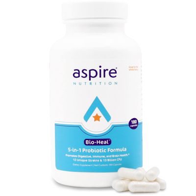 Aspire Nutrition 5-in-1 Bio-Heal Probiotic for Kids, Men &amp; Women - Best Supplement for Brain Function, Gut Health &amp; Constipation - Shelf Stable &amp; Fortified with Vitamin, Mineral &amp; Prebiotics Capsules