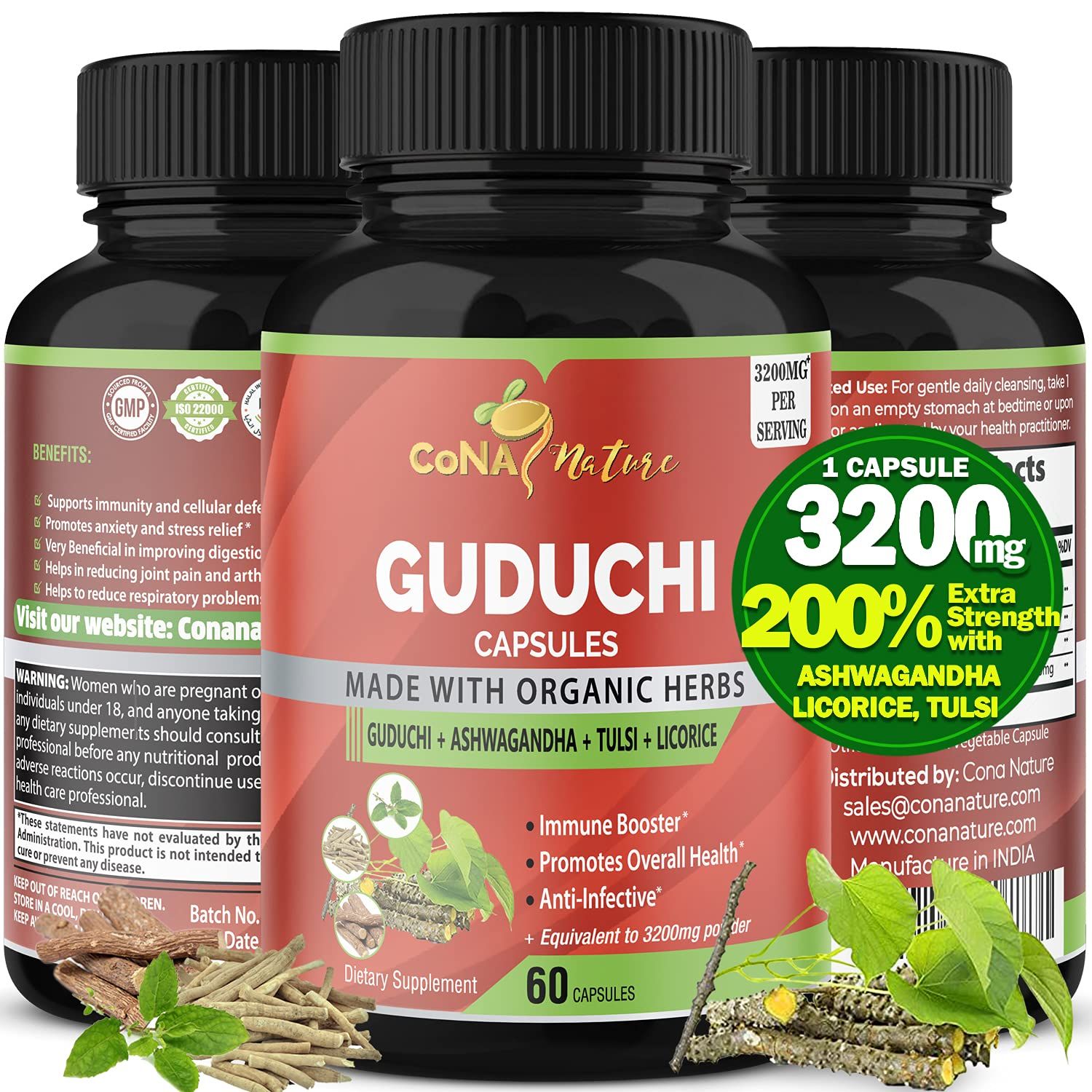Organic Giloy Guduchi Extract Capsules 3200MG &amp; Ashwagandha, Licorice, Holy Basil | Immune Booster, Liver Detox Cleanse Support
