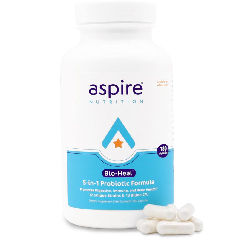 Aspire Nutrition 5-in-1 Bio-Heal Probiotic for Kids, Men &amp; Women - Best Supplement for Brain Function, Gut Health &amp; Constipation - Shelf Stable &amp; Fortified with Vitamin, Mineral &amp; Prebiotics Capsules