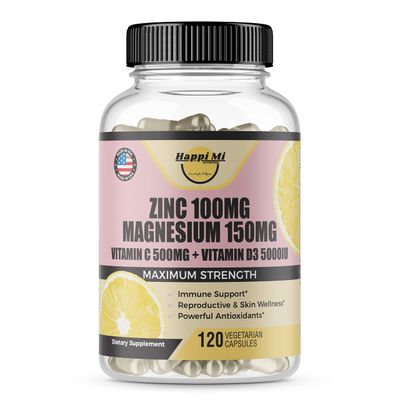 Happi Mi Nutrition Zinc, Zinc 100mg, Magnesium Glycinate 150mg, Vitamin D3 5000 IU, Vitamin C 500mg Per Serving, Immune Support, Immune Booster, Zinc Magnesium, Elemental Zinc, Antioxidant Support