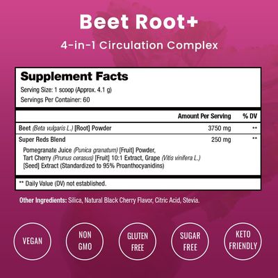 Beet Root Powder Circulation Supplement | Superfood Powder Nitric Oxide Supplement with Beetroot Juice, Super Reds Powder &amp; Grape Seed Extract | No Sugar Beet Supplement - 8.74 Oz