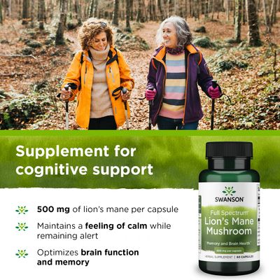 Swanson Lion's Mane Mushroom Capsules - 500 mg Each, 60 Capsules - Herbal Supplement Supporting Cognitive Function