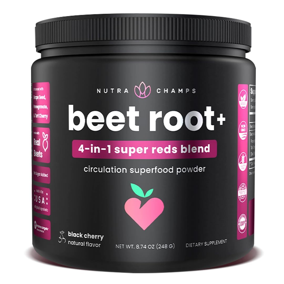 Beet Root Powder Circulation Supplement | Superfood Powder Nitric Oxide Supplement with Beetroot Juice, Super Reds Powder &amp; Grape Seed Extract | No Sugar Beet Supplement - 8.74 Oz