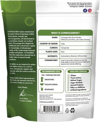 MRM Nutrition Organic Ashwagandha Root Powder | Superfoods | Ancient adaptogen | Antioxidants | Vegan + Gluten-Free | 113 Servings