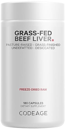 Codeage Grass Fed Beef Liver Supplement Superfood, Freeze Dried, Non-Defatted, Desiccated Beef Liver Glandulars Bovine Pills, Pasture Raised Beef Vitamins, Non-GMO Liver Meat, 180 Capsules