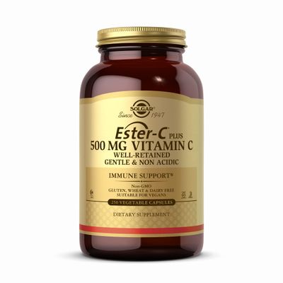Solgar Ester-C Plus 500mg Vitamin C (Ascorbate Complex), Gentle &amp; Non Acidic, Antioxidant &amp; Immune Support, Non GMO, Vegan, Gluten Free, Kosher, 250 Vegetable Capsules