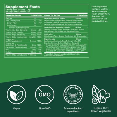Bulletproof Greens, 8.4 Ounces, Daily Greens Powder with Superfoods and Nootropics, Full Serving of Vegetables, Essential Nutrients