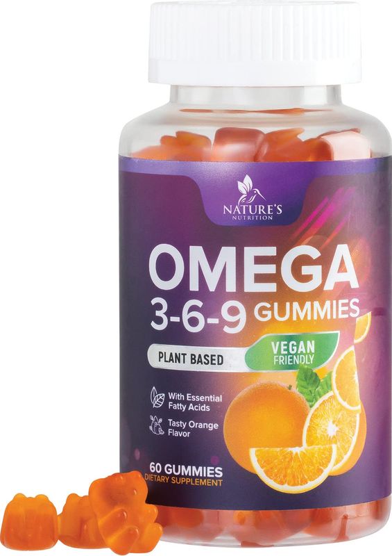 Omega 3 6 9 Vegan Gummies - Triple Strength Omega 3 Supplement Essential Oil Gummy - Omega 369 Heart Support and Brain Support for Women, Men &amp; Pregnant Women, Non-GMO, Orange Flavor - 60 Gummies