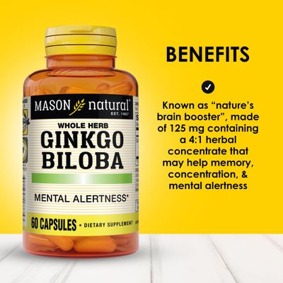 MASON NATURAL Ginkgo Biloba, 3 Month Supply, Helps to Improve Mental Alertness &amp; Support Optimal Brain Function, 60 Capsules (3 Pack)