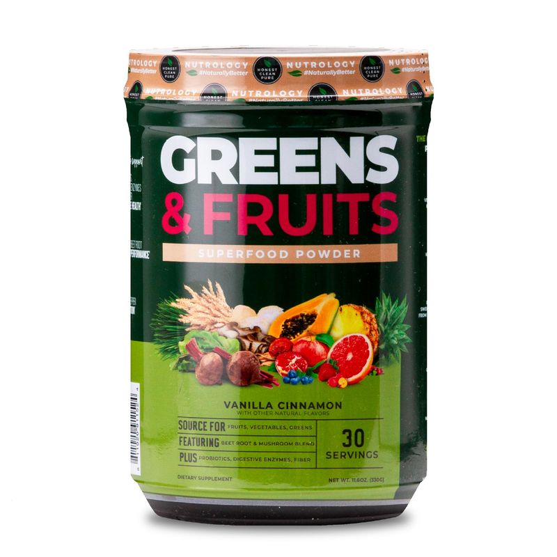 Nutrology Greens &amp; Fruits Powder-Naturally Sourced Superfood, Beet Powder, Mushroom Blend, Probiotics, Digestive Enzymes, Fiber, Antioxidants, Immune Support, Gluten Free - Vanilla Cinnamon