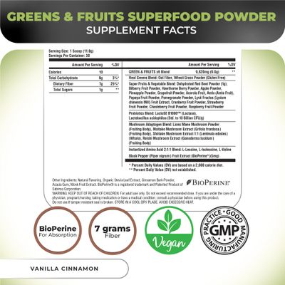Nutrology Greens &amp; Fruits Powder-Naturally Sourced Superfood, Beet Powder, Mushroom Blend, Probiotics, Digestive Enzymes, Fiber, Antioxidants, Immune Support, Gluten Free - Vanilla Cinnamon