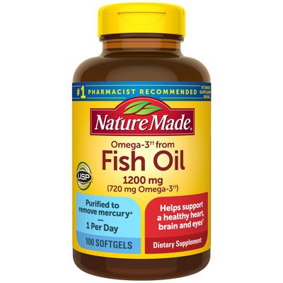 Nature Made Omega 3 Fish Oil 1200 mg, Fish Oil Supplements as Ethyl Esters, Omega 3 Fish Oil for Healthy Heart, Brain and Eyes Support, One Per Day, Omega 3 Supplement with 100 Softgels