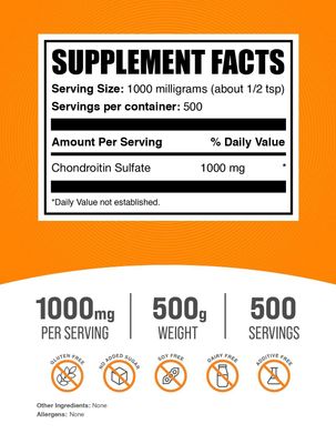 BulkSupplements.com Chondroitin Sulfate Powder - Chondroitin Sulfate Supplements, Chondroitin Sulfate 1000 mg - Gluten Free, 1000mg per Serving, 500g (1.1 lbs) (Pack of 1)