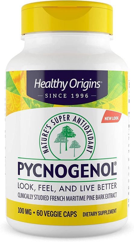 Healthy Origins Pycnogenol 100 mg - Premium Pine Bark Extract - French Maritime Pine Bark Extract for Heart Health, Skin Care &amp; More - Gluten-Free &amp; Non-GMO Supplement - 60 Veggie Caps