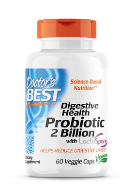 Doctor&#39;s Best Digestive Health Probiotic 2 Billion with Lactospore, Non-GMO, Vegan, Gluten Free, Soy Free, 60 Veggie Caps (DRB-00464)